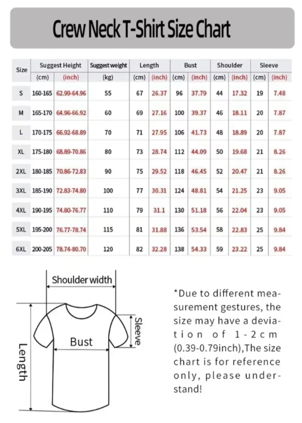 TSP Table Tennis Shirt Size Chart